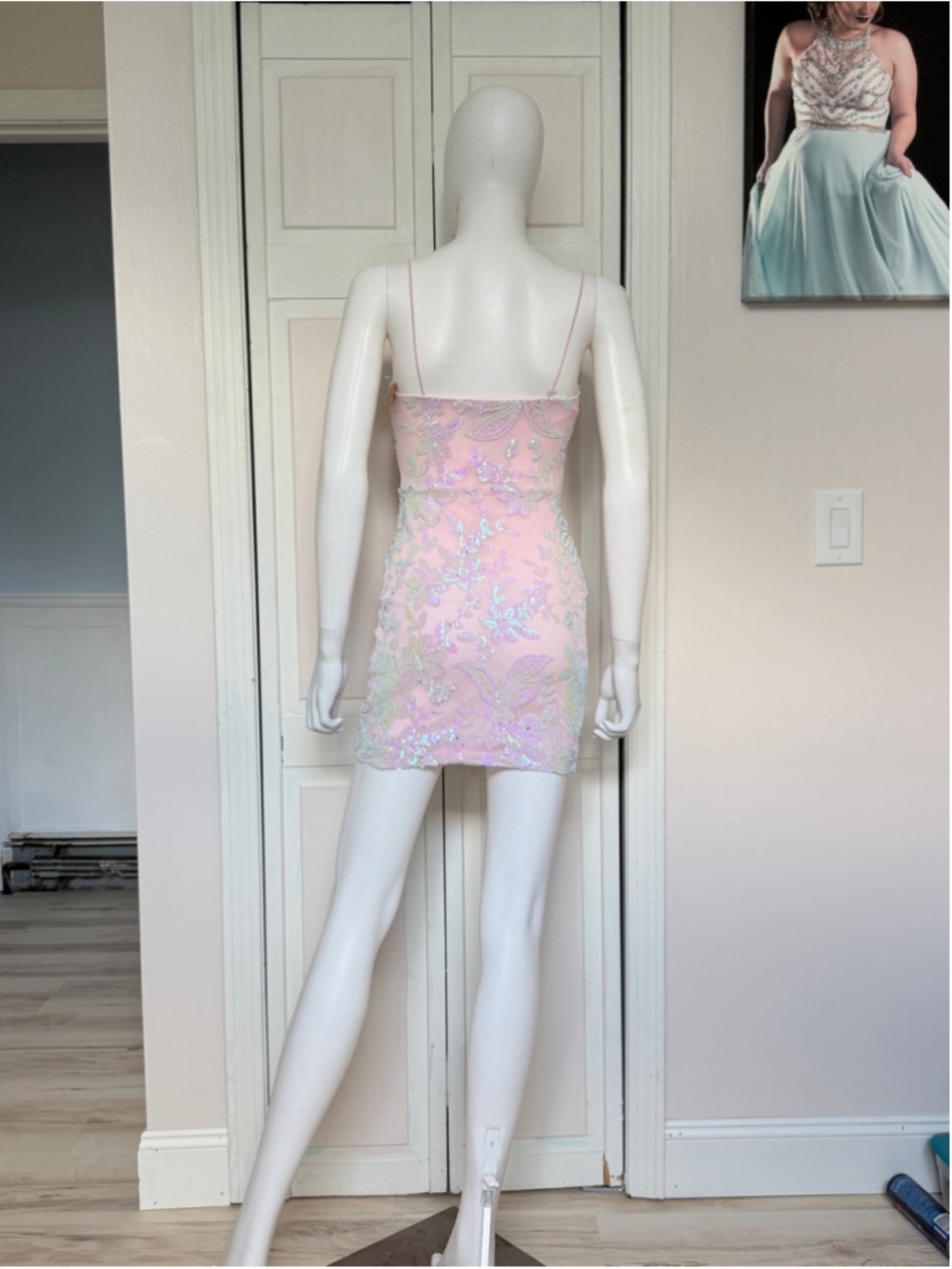 Size Large Pink Iridescent Sequin Mini Cocktail Party Homecoming Hoco Dress - Picture 2 of 5